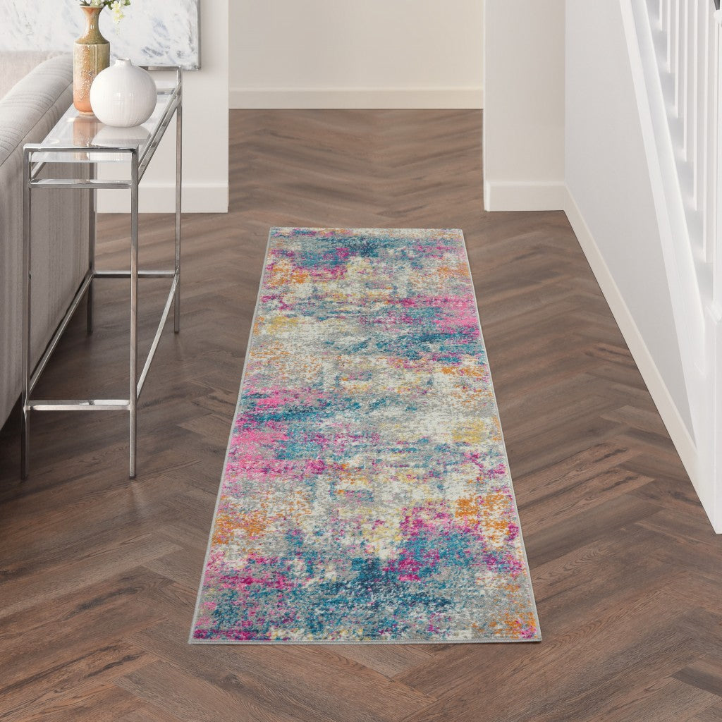 6' Blue And Pink Abstract Power Loom Runner Rug