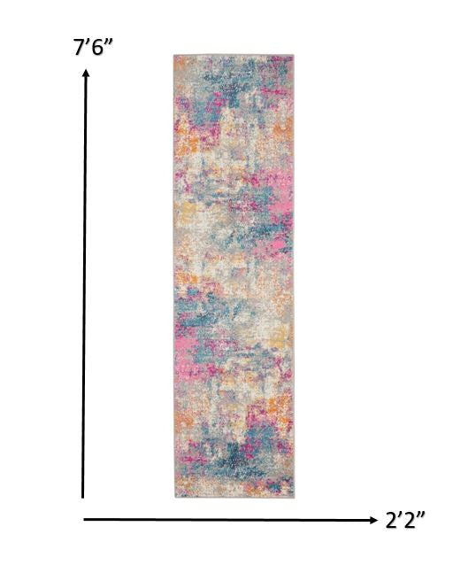 8' Blue And Pink Abstract Power Loom Runner Rug