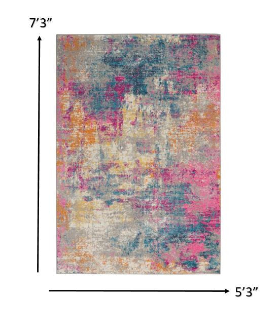 5' X 7' Blue And Pink Abstract Power Loom Area Rug