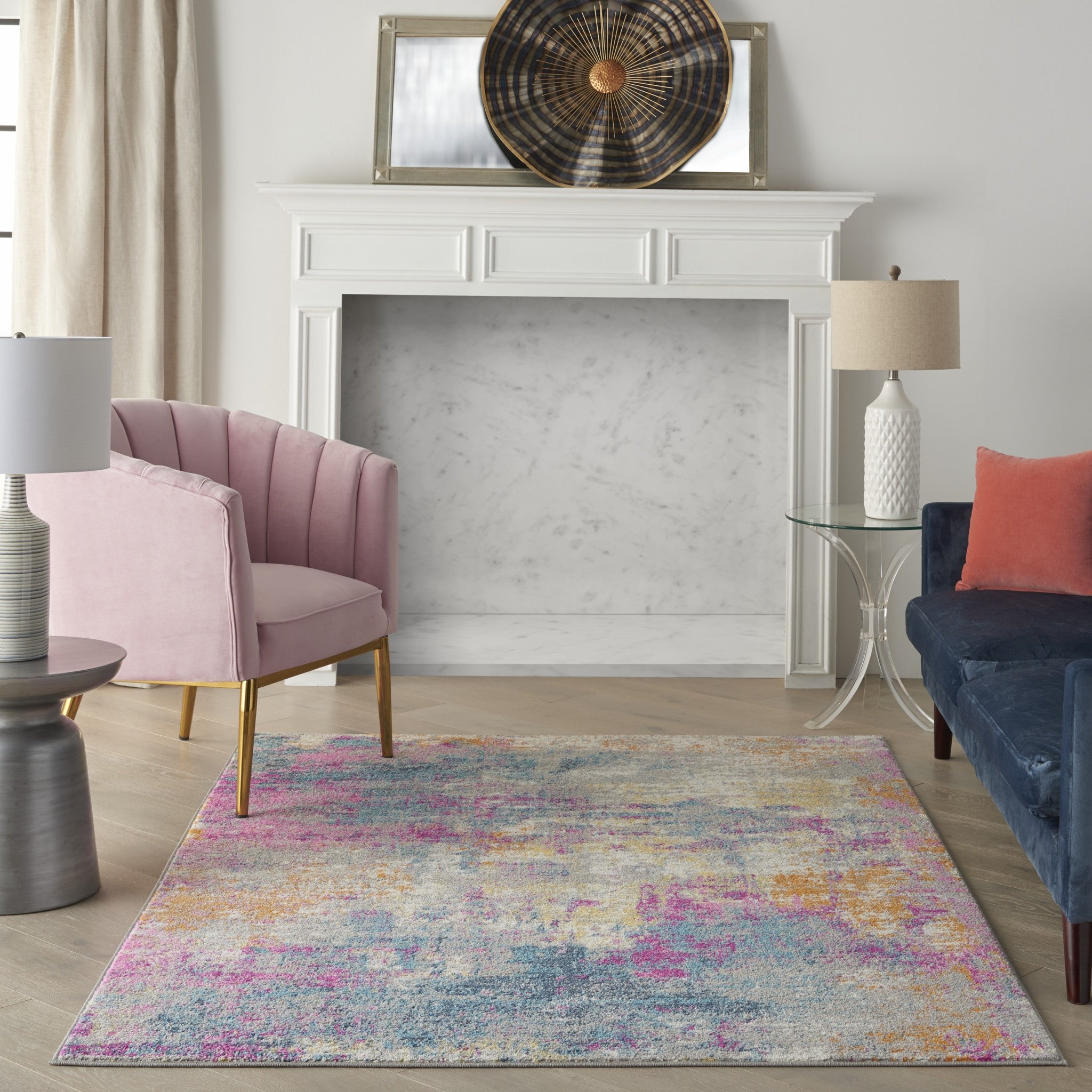 5' X 7' Blue And Pink Abstract Power Loom Area Rug