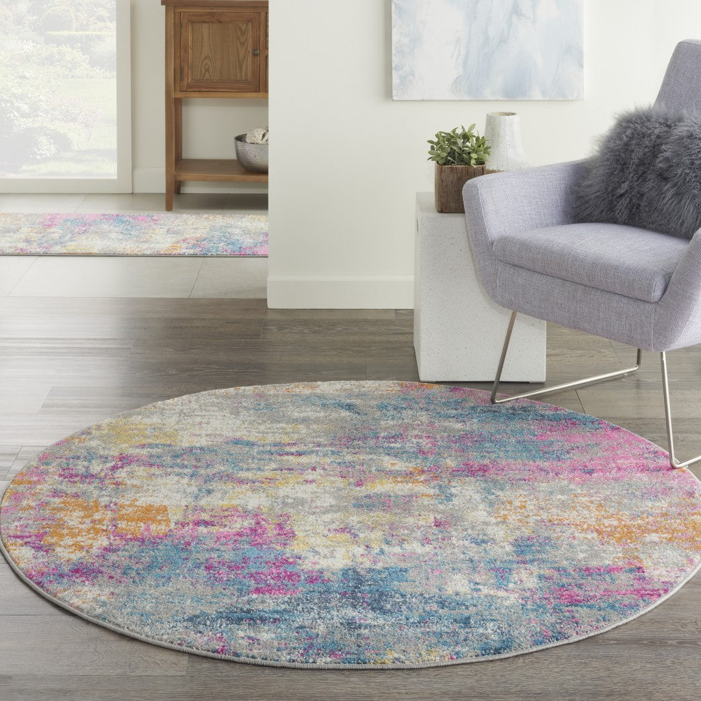 5' Blue And Pink Round Abstract Power Loom Area Rug