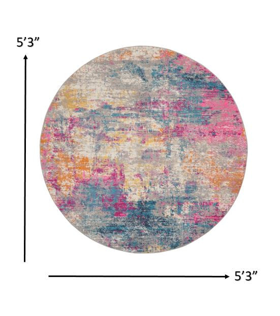 5' Blue And Pink Round Abstract Power Loom Area Rug