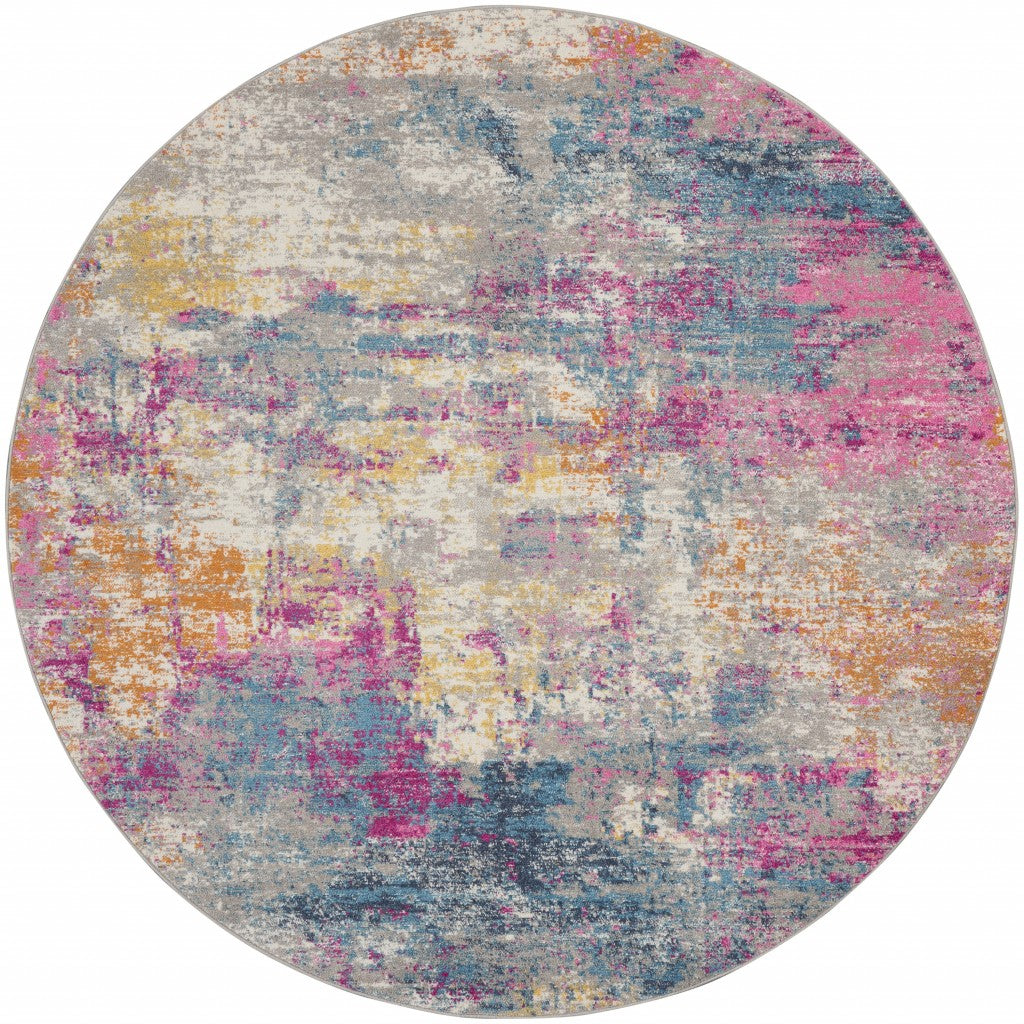 8' Blue And Pink Round Abstract Power Loom Area Rug