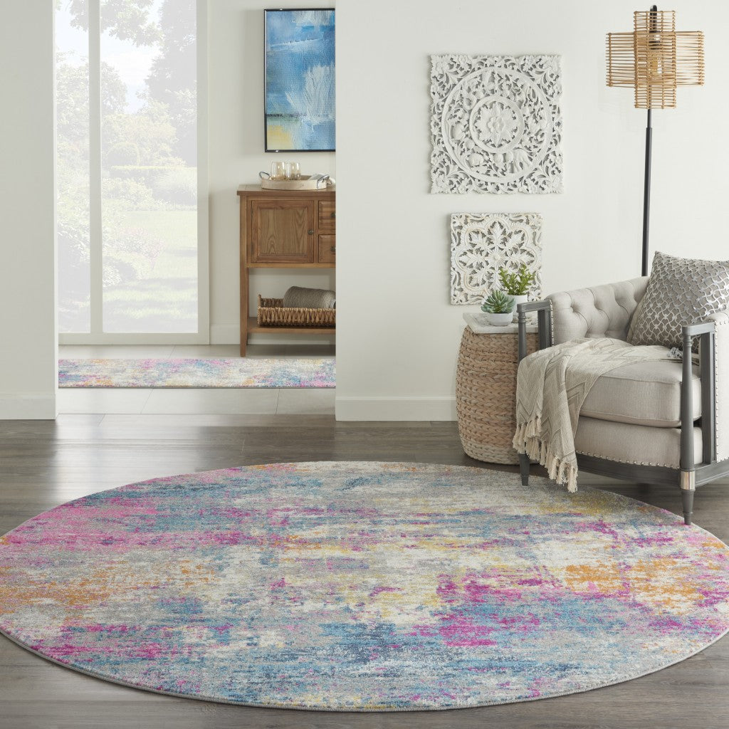 8' Blue And Pink Round Abstract Power Loom Area Rug