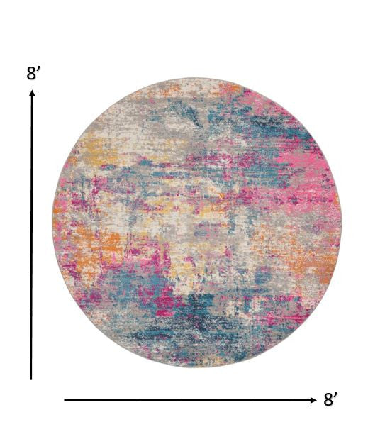 8' Blue And Pink Round Abstract Power Loom Area Rug