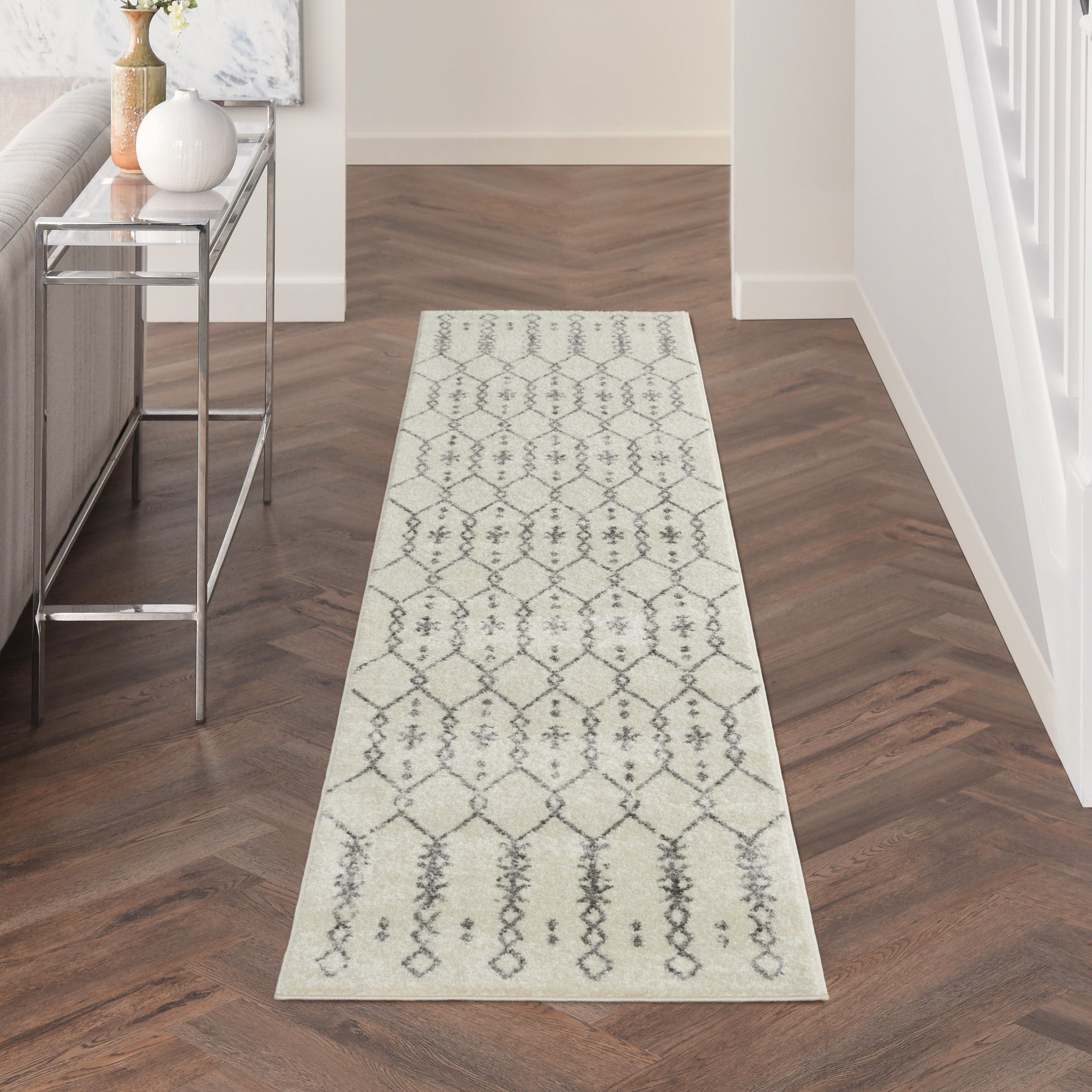 10' Gray Geometric Power Loom Runner Rug