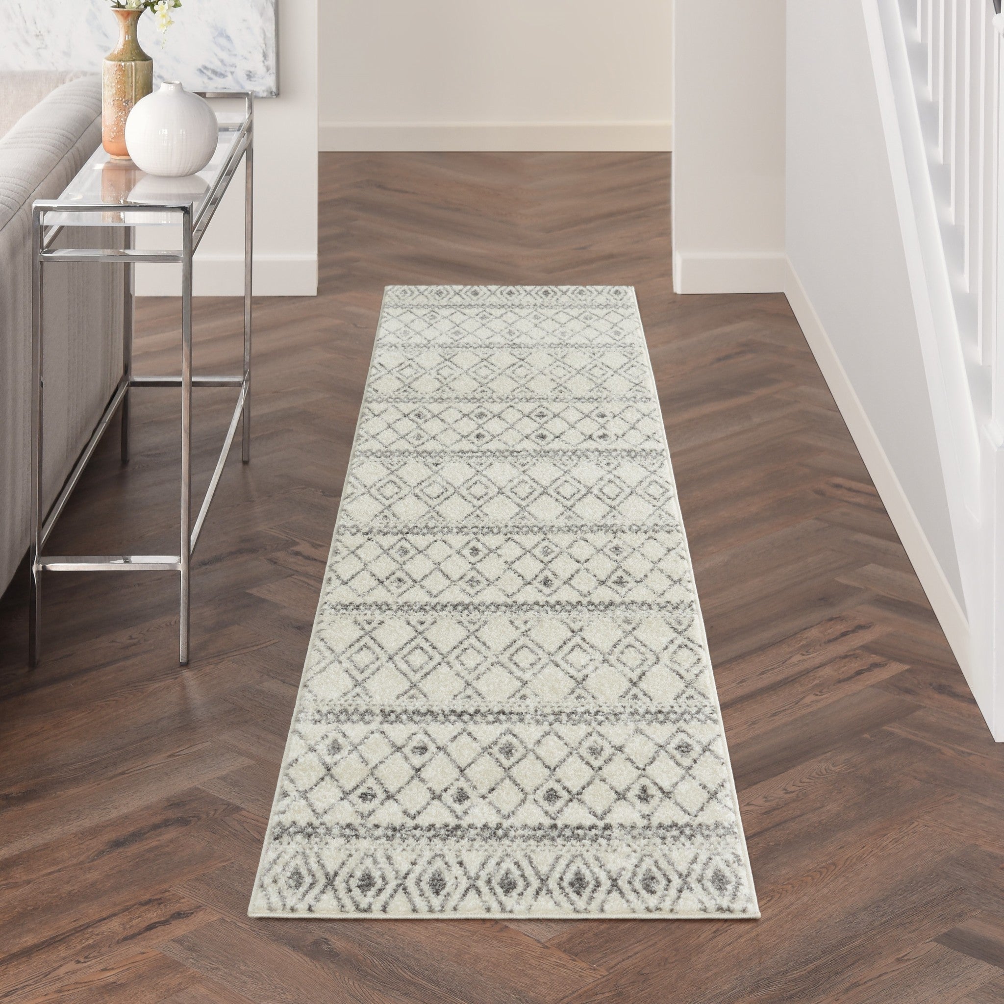 10' Gray Geometric Berber Power Loom Runner Rug