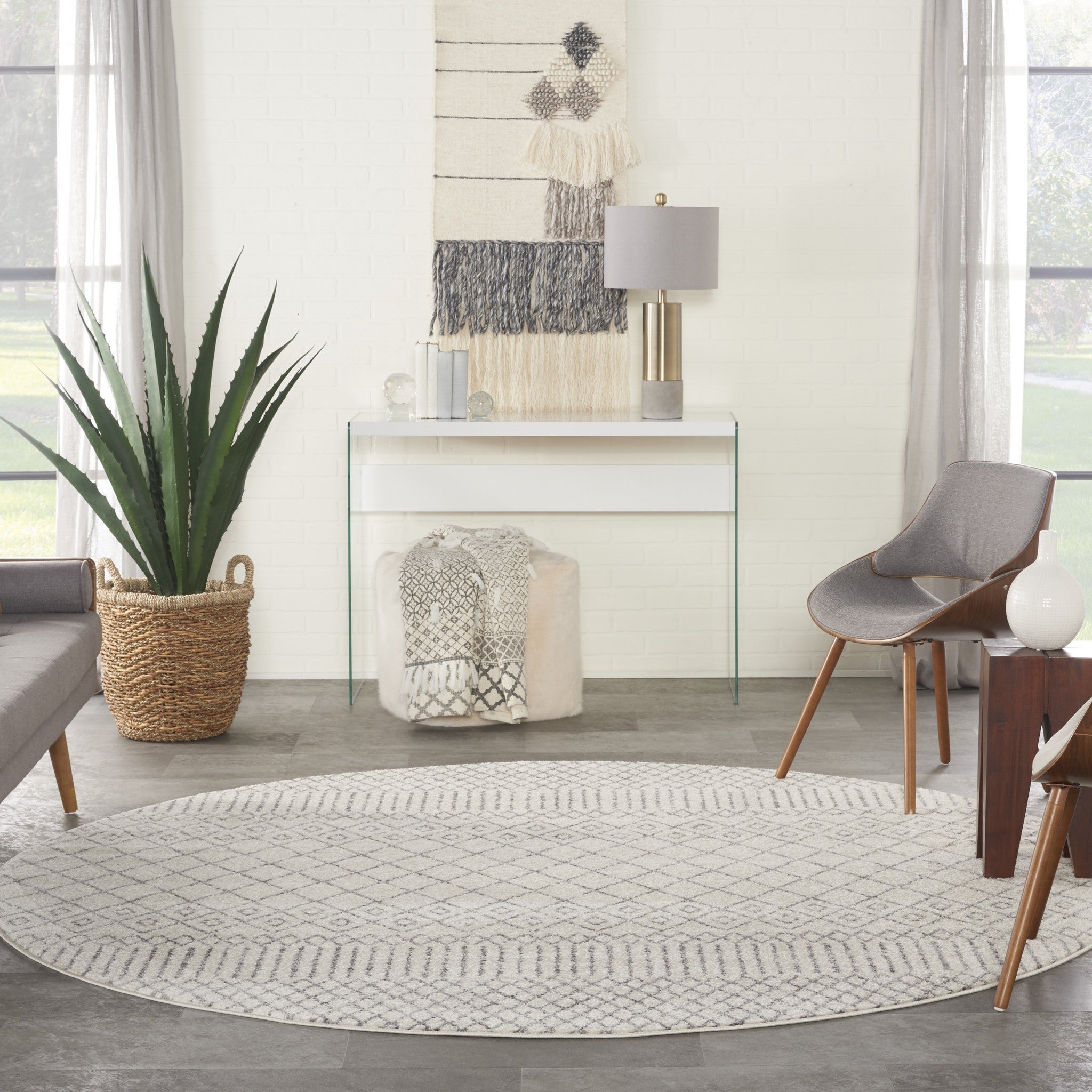 8' Gray Round Geometric Power Loom Area Rug