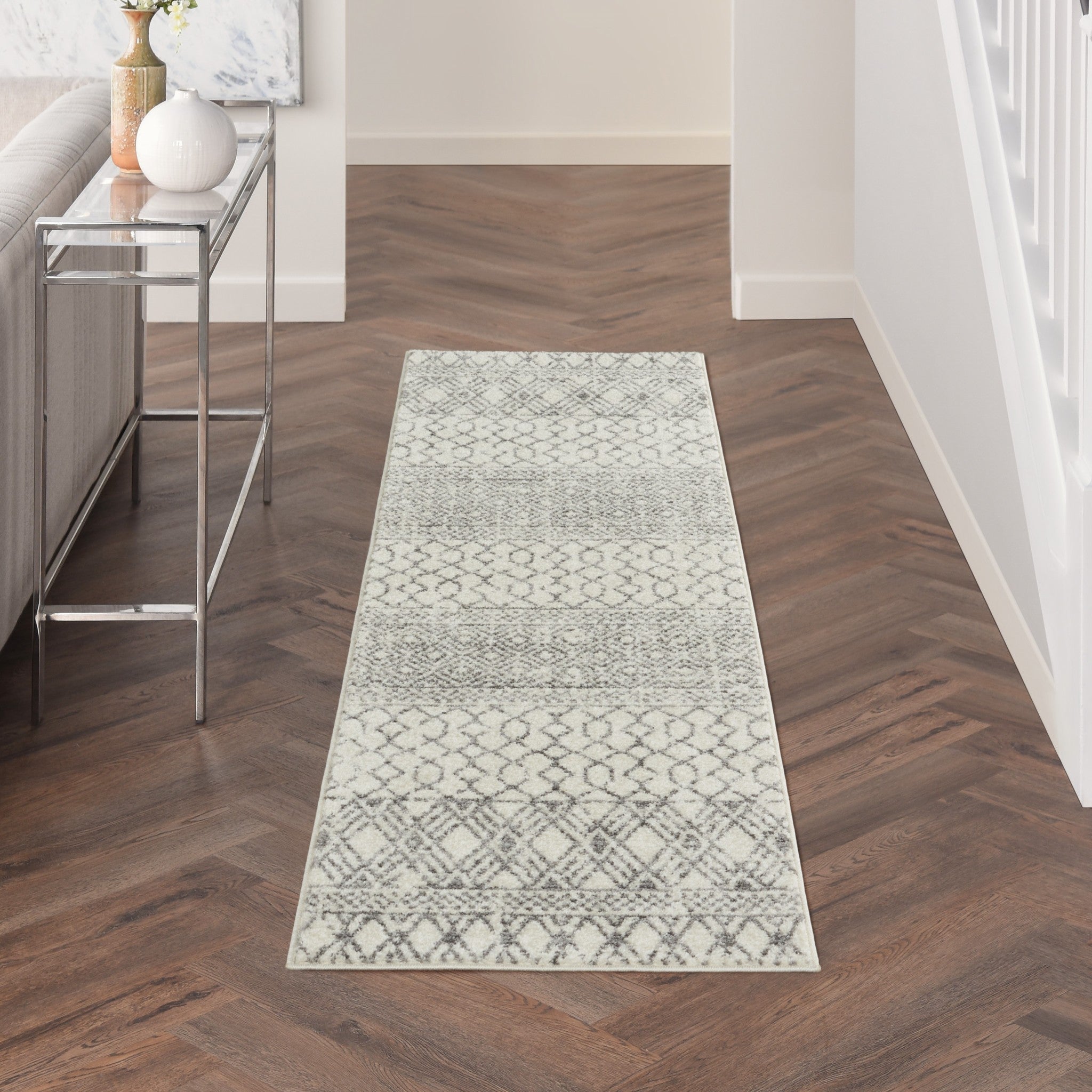 8' Gray Geometric Power Loom Runner Rug