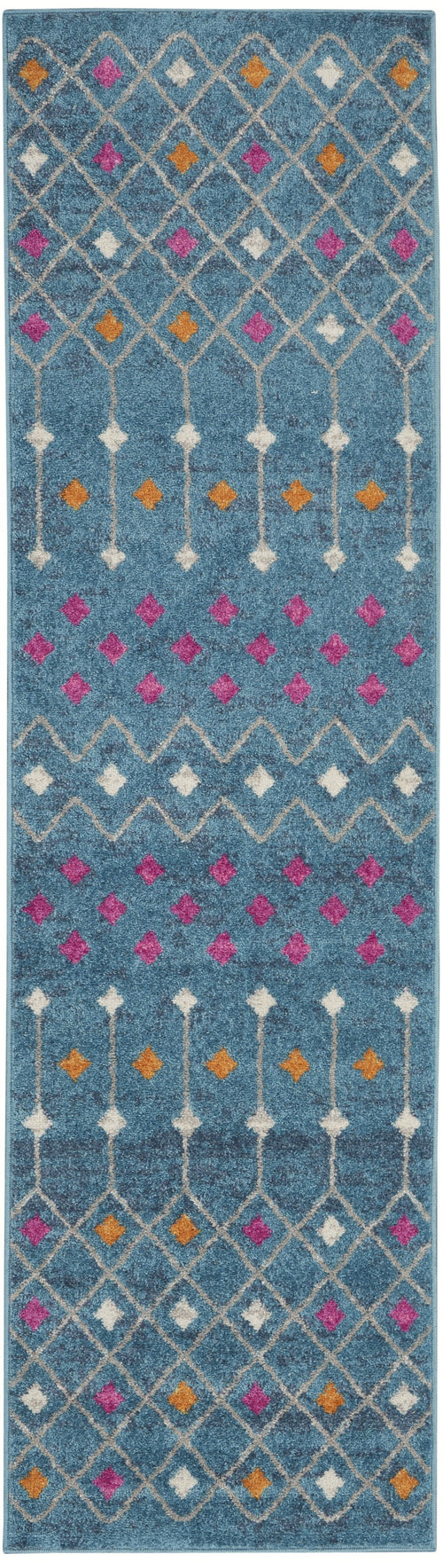 8' Blue And Orange Geometric Dhurrie Runner Rug