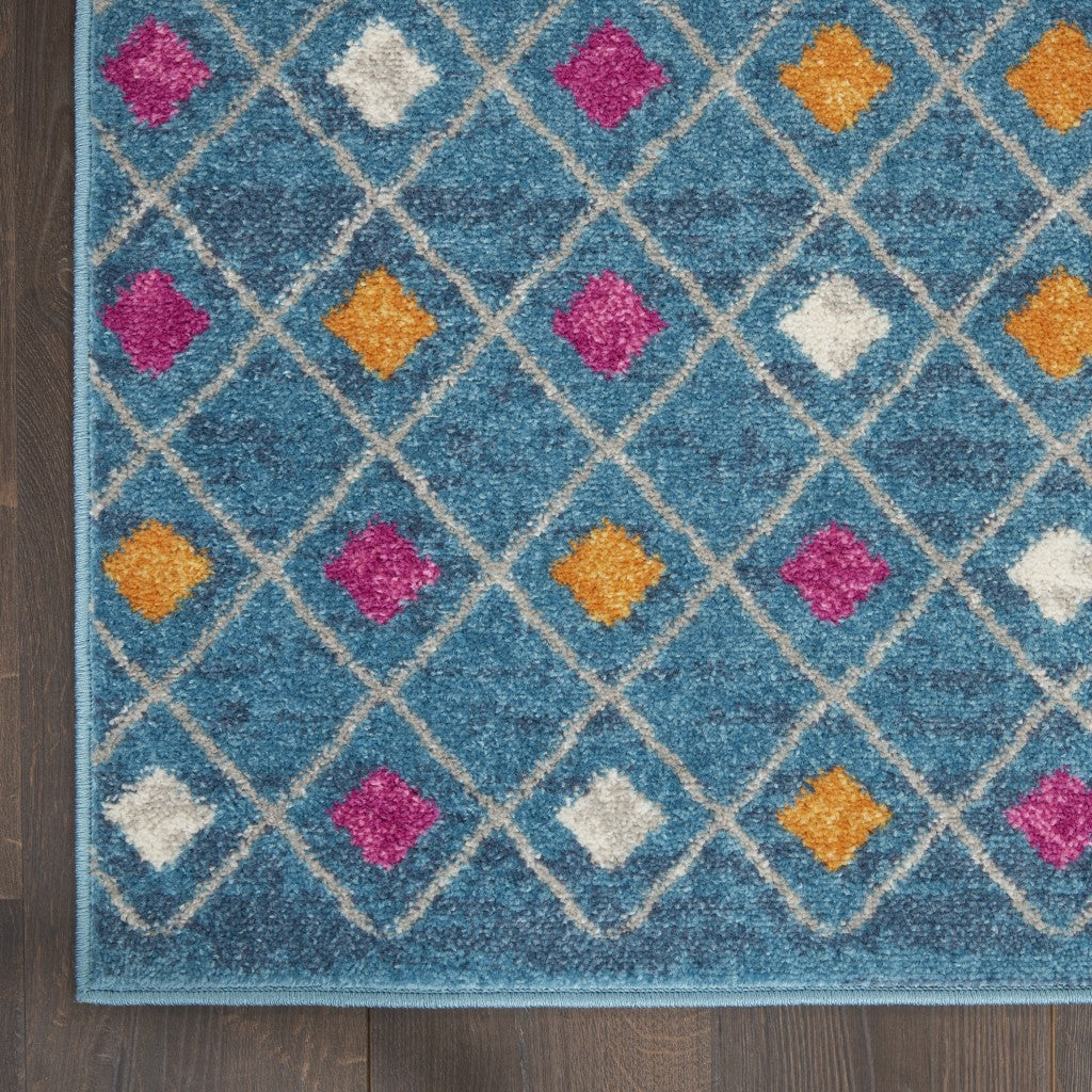 8' Blue And Orange Geometric Dhurrie Runner Rug