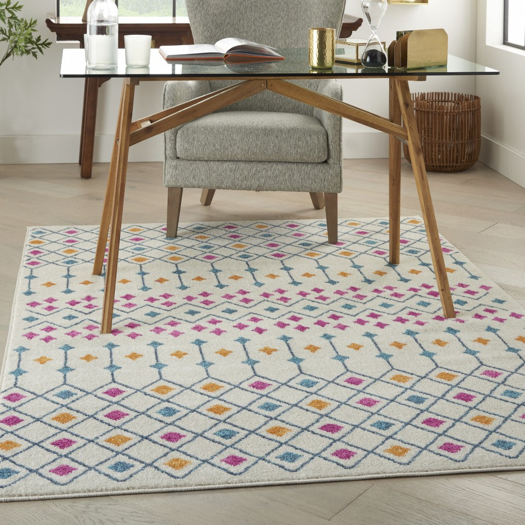 5' X 7' Blue And Ivory Geometric Dhurrie Area Rug