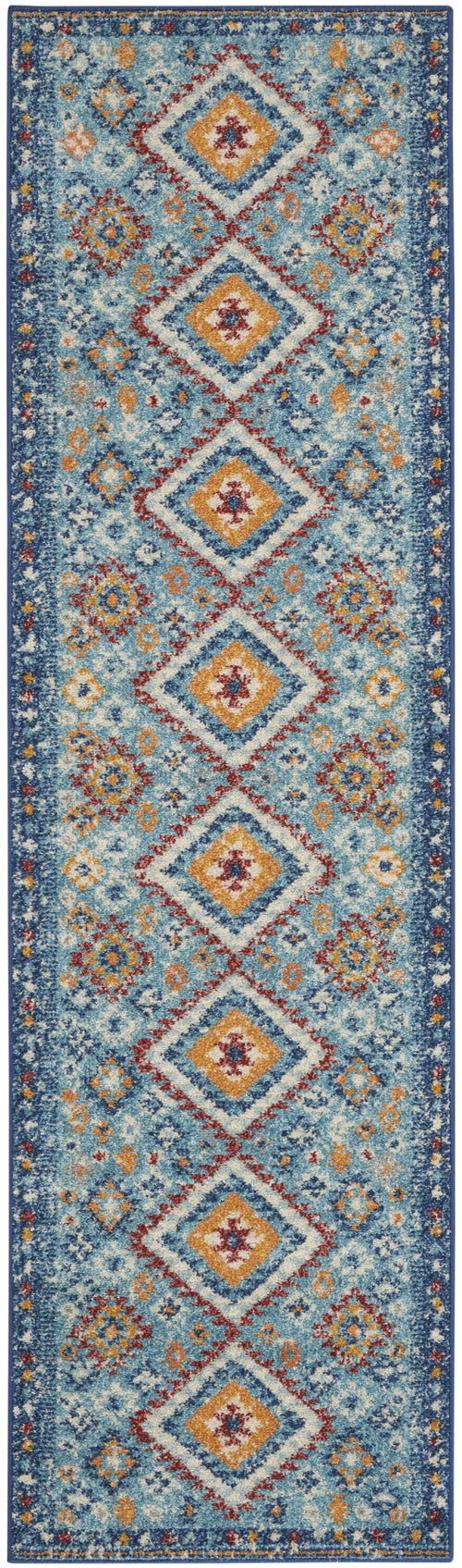 8' Blue And Orange Geometric Dhurrie Runner Rug