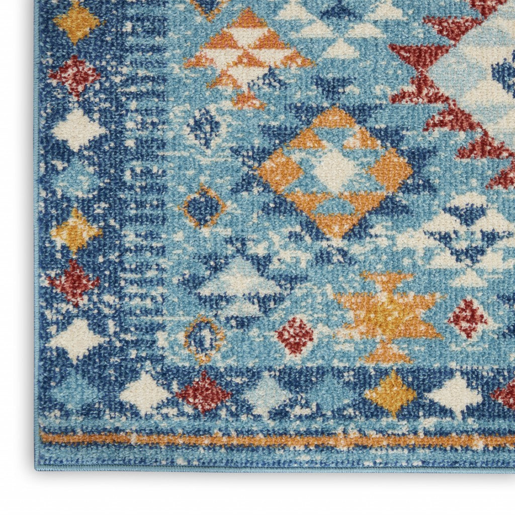 8' Blue And Orange Geometric Dhurrie Runner Rug