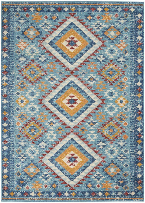 4' X 6' Blue And Orange Geometric Dhurrie Area Rug