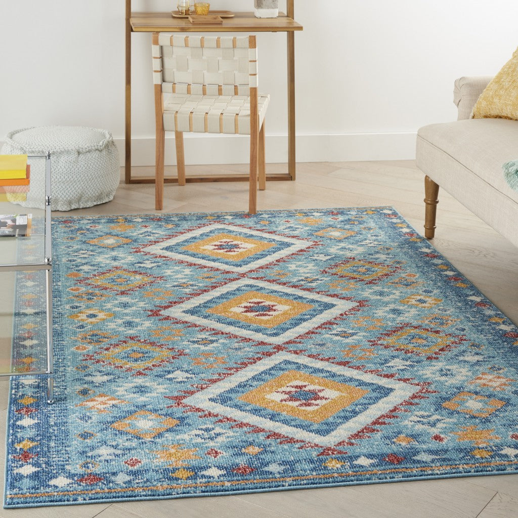 4' X 6' Blue And Orange Geometric Dhurrie Area Rug