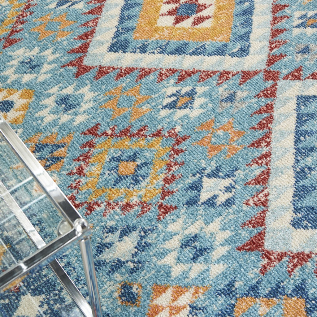 4' X 6' Blue And Orange Geometric Dhurrie Area Rug