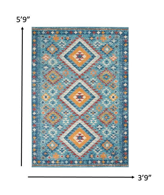 4' X 6' Blue And Orange Geometric Dhurrie Area Rug