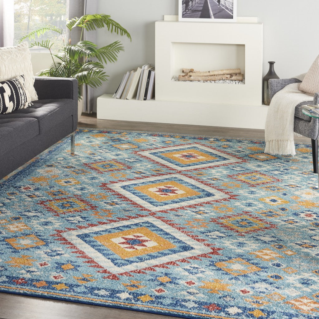 8' X 10' Blue And Orange Geometric Dhurrie Area Rug