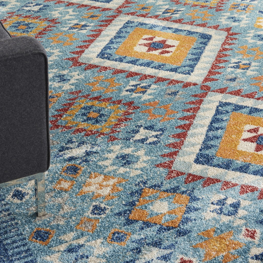 8' X 10' Blue And Orange Geometric Dhurrie Area Rug