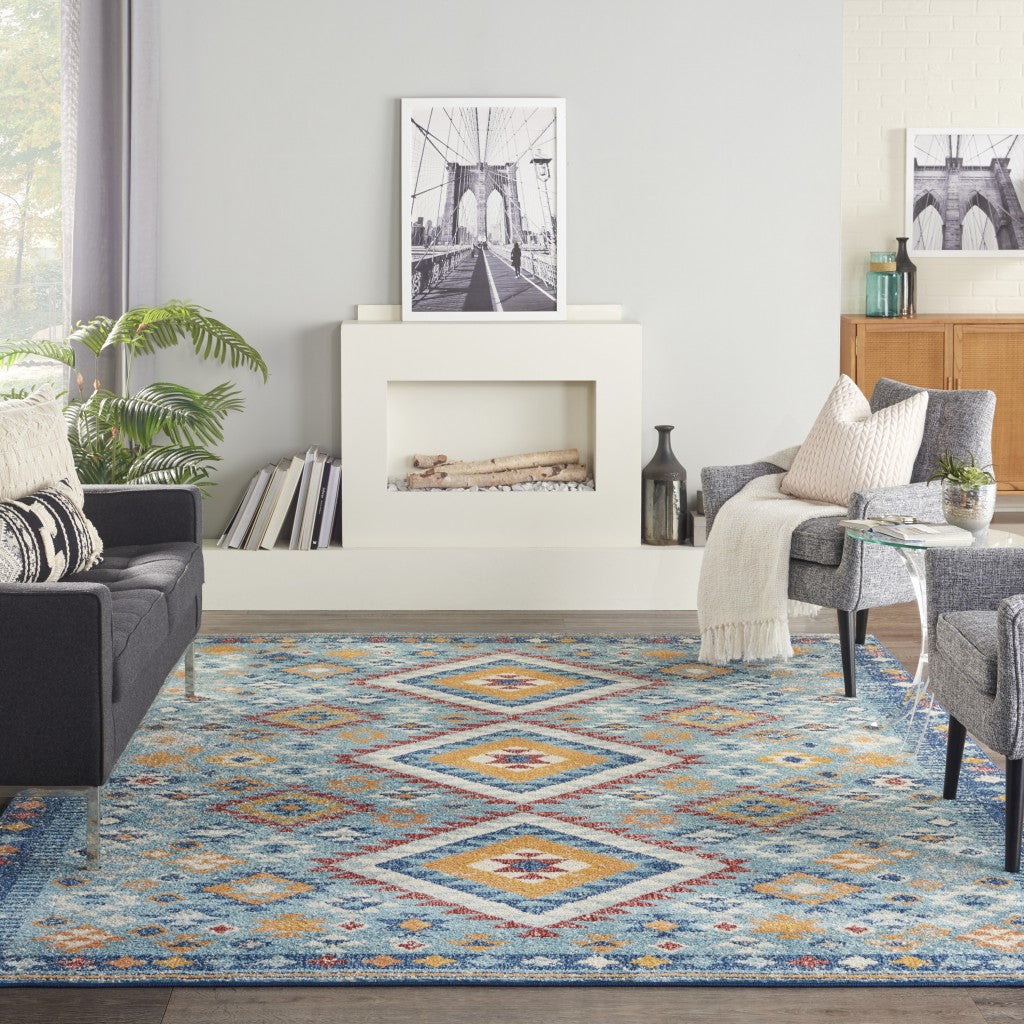 8' X 10' Blue And Orange Geometric Dhurrie Area Rug