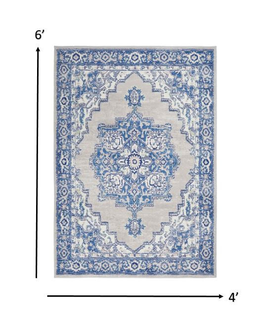 4' X 6' Blue Gray Floral Dhurrie Area Rug