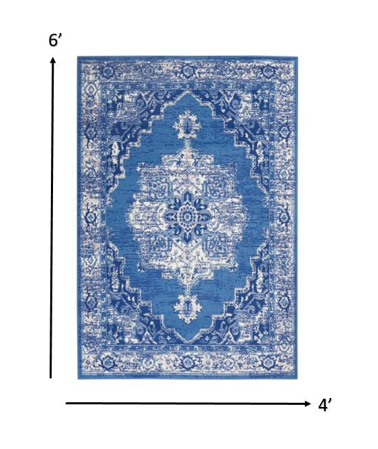 4' X 6' Navy Blue Floral Dhurrie Area Rug