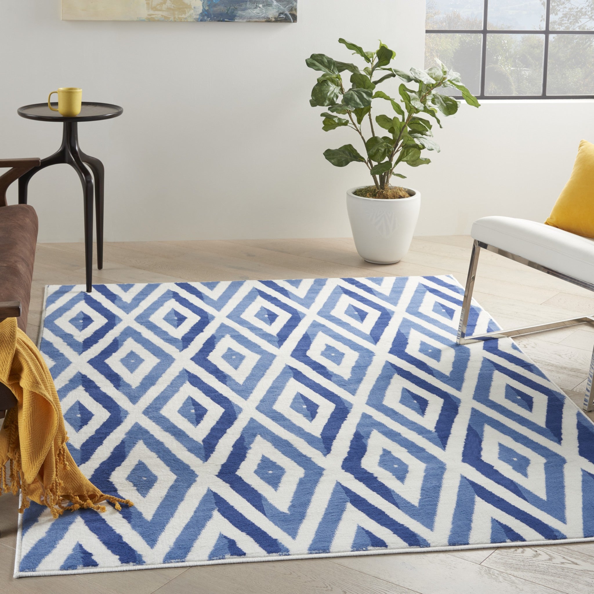 6' X 9' Blue And Ivory Geometric Dhurrie Area Rug