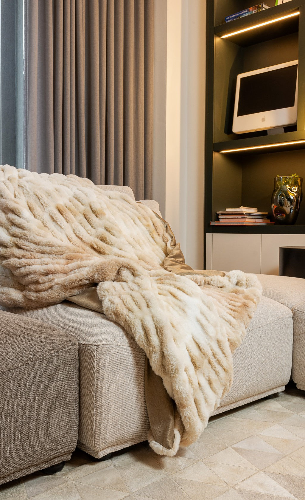 Chunky Sectioned Shades Of Beige Faux Fur Throw Blanket