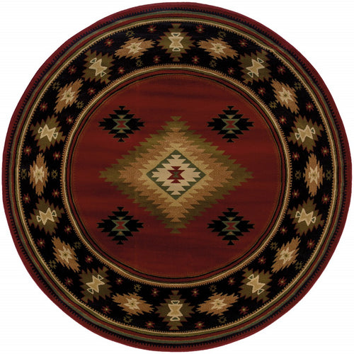 8’ Round Red And Beige Ikat Pattern Area Rug