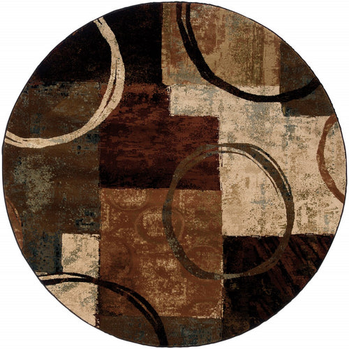 8’ Round Brown And Black Abstract Geometric Area Rug