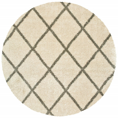 8’ Round Ivory And Gray Geometric Lattice Area Rug