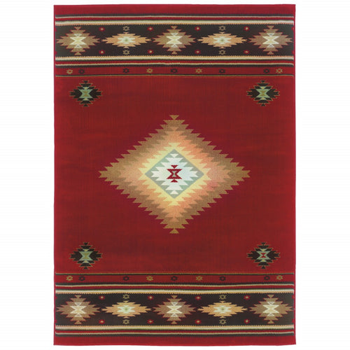 8’ X 11’ Red And Beige Ikat Pattern Area Rug