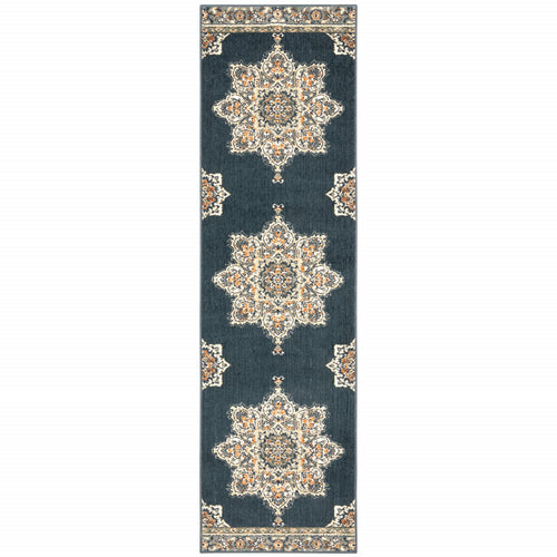 2’ X 7’ Blue And Beige Floral Medallion Indoor Runner Rug