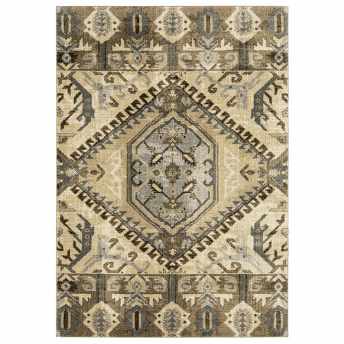 5’ X 8’ Tan And Gold Central Medallion Indoor Area Rug