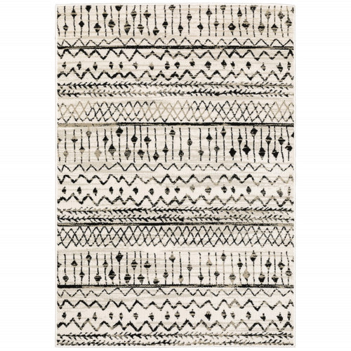 8’ X 10’ Ivory And Black Eclectic Patterns Indoor Area Rug