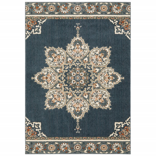 10’ X 13’ Blue And Beige Floral Medallion Indoor Area Rug