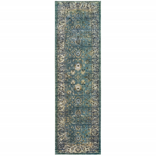 2’ X 8’ Peacock Blue And Ivory Indoor Runner Rug