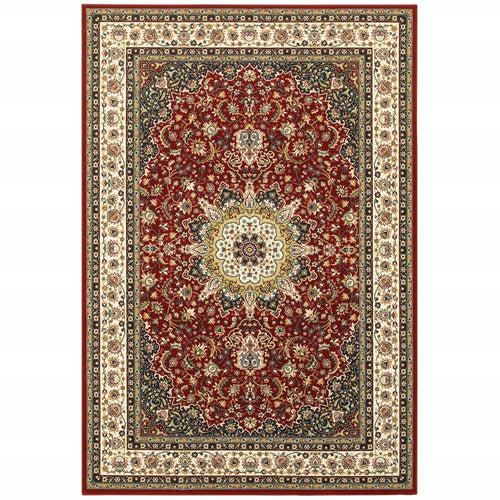 9' X 12' Red Ivory Machine Woven Oriental Indoor Area Rug