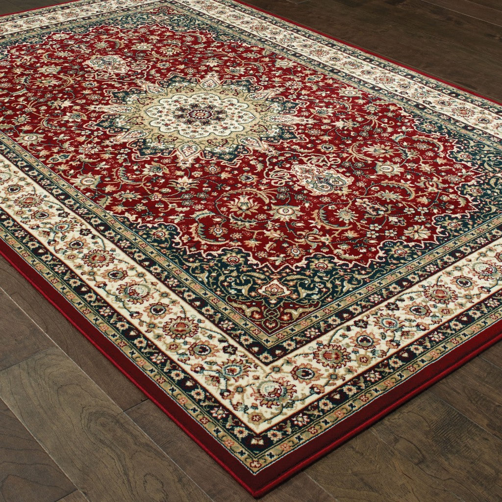 9' X 12' Red Ivory Machine Woven Oriental Indoor Area Rug