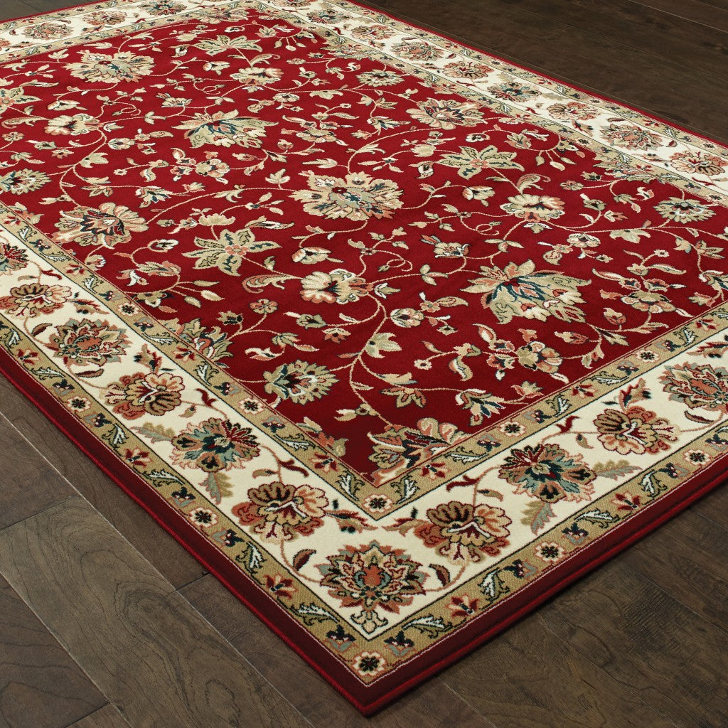 9' X 12' Red Ivory Machine Woven Floral Oriental Indoor Area Rug