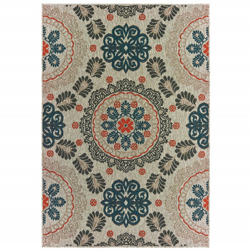 3' X 5' Blue and Gray Damask Indoor Outdoor Area Rug