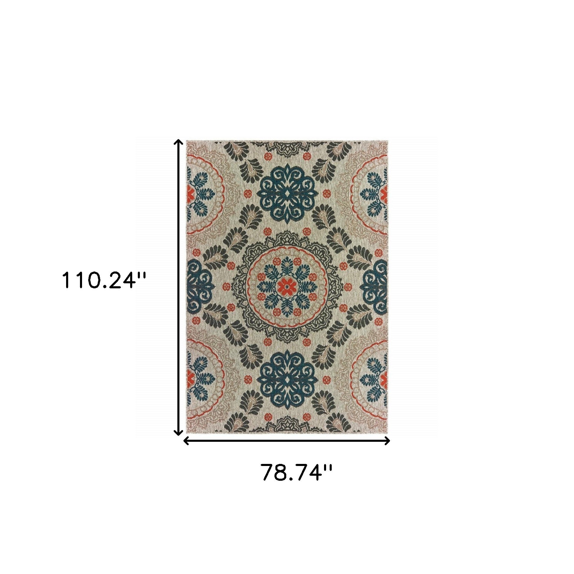 7' x 9' Blue and Gray Damask Indoor Outdoor Area Rug