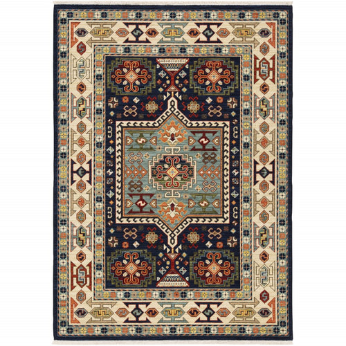 3' X 5' Blue Ivory Machine Woven Medallion Indoor Area Rug