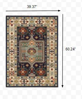 3' X 5' Blue Ivory Machine Woven Medallion Indoor Area Rug