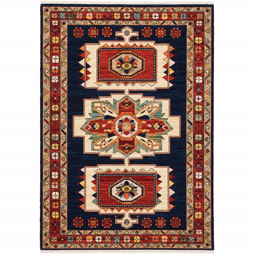 5' X 8' Blue Red Machine Woven Medallions Indoor Area Rug