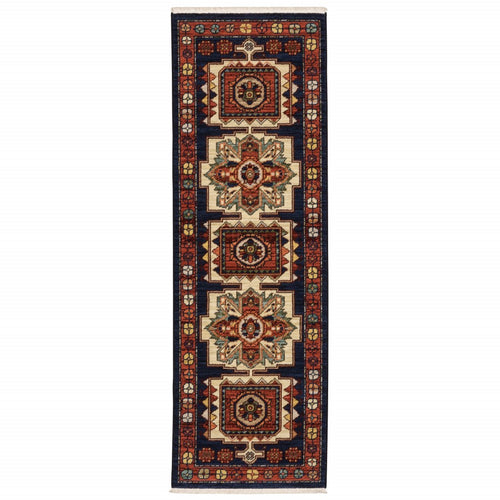 6' Red Blue Machine Woven Oriental Indoor Runner Rug