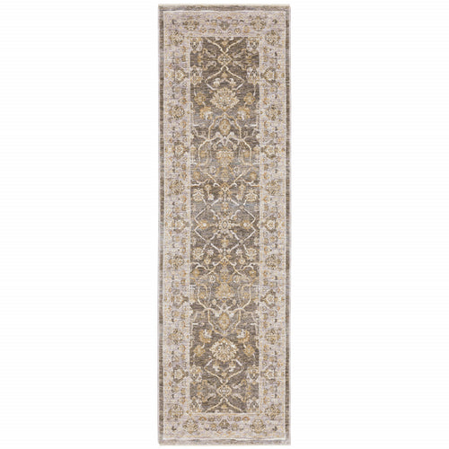 8' Beige Grey Machine Woven Oriental Indoor Runner Rug