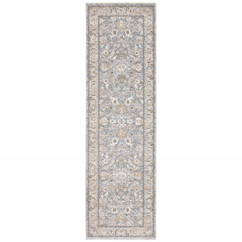 8' Blue Ivory Machine Woven Floral Oriental Indoor Runner