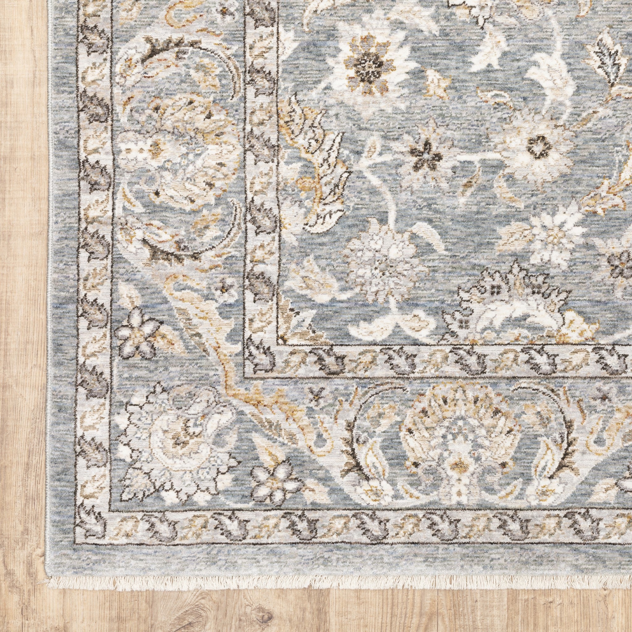 8' Blue Ivory Machine Woven Floral Oriental Indoor Runner